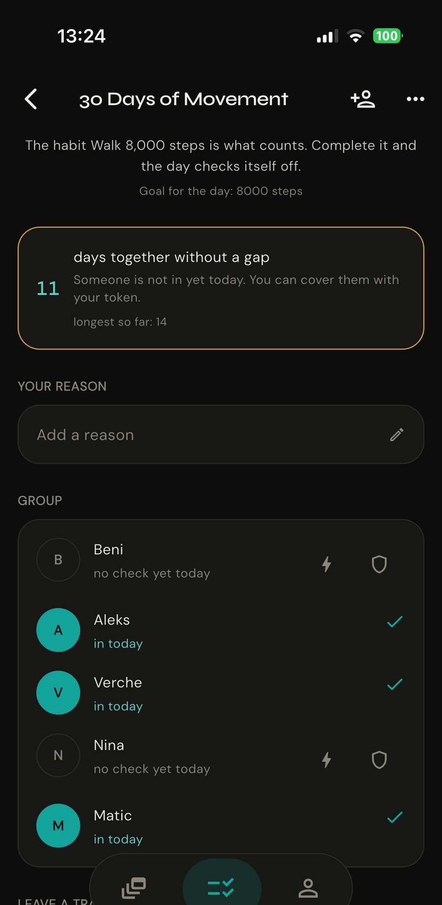 Group challenge screen: how many members are in today and the days together without a gap